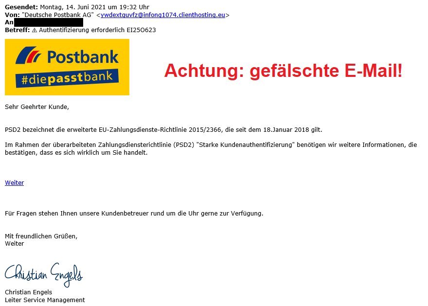 Ansicht einer gefälschten E-Mail